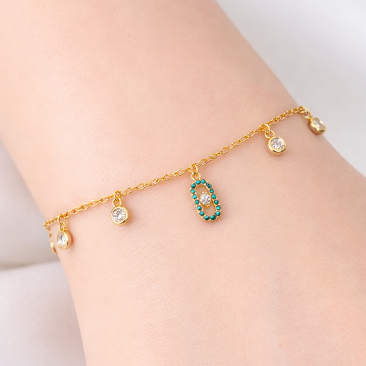 Charm Bracelet with Stone Drops – Adjustable Chain | Imitation Gold Fashion Jewelry