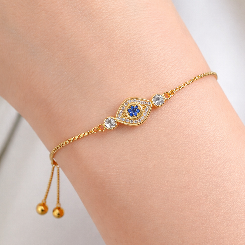 Eye Stone Bracelet – Blue Center Charm | Adjustable Imitation Gold Fashion Jewelry