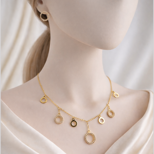 Circle Charm Necklace & Stud Earrings Set – Stone-Outlined Rings | Imitation Gold
