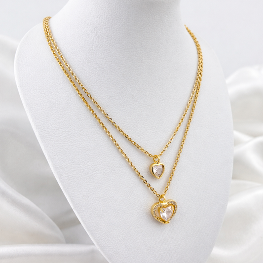 DUAL LAYERED NECKLACE DOUBLE HEART STONE PENDANTS, ADJUSTABLE CHAIN, FASHION JEWELRY IMITATION GOLD