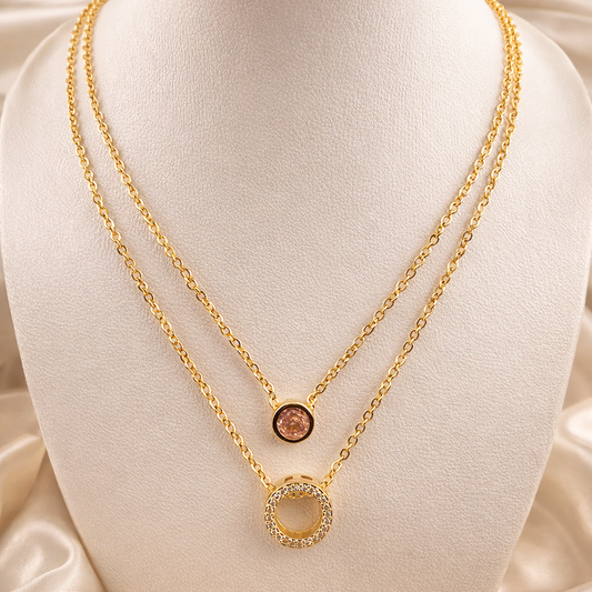 DUAL LAYERED NECKLACE DOUBLE RING PENDANT-STONE, ADJUSTABLE CHAIN, FASHION JEWELRY IMITATION GOLD