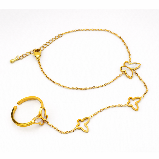 Butterfly Hand Harness Bracelet with Ring -Adjustable Chain – Anti-Tarnish Stainless Steel | Imitation Gold Fashion Jewelry