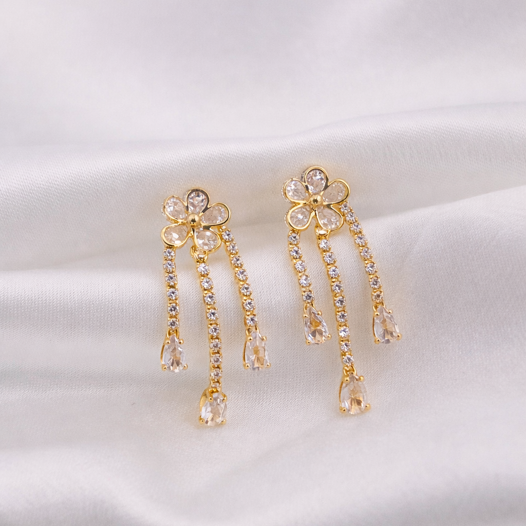 FLOWER EARRINGS - DANGLING STONES, FASHION JEWELRY IMITATION GOLD- ONE PEAR