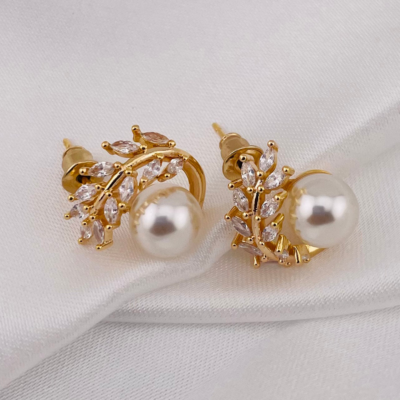 PEARL LEAF EARRINGS WITH STONE, FASHION JEWELRY IMITATION GOLD- ONE PAIR