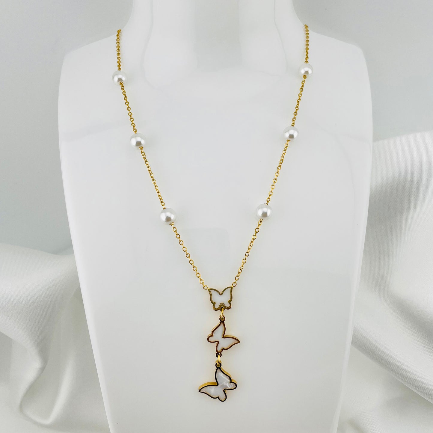 ANTI TARNISH STAINLESS STEEL NCKLCE, DANGLING BUTTERFLYS PENDANT PEARL BEARDS, FASHION JEWELRY IMITATION GOLD, ADJUSTABLE CHAIN