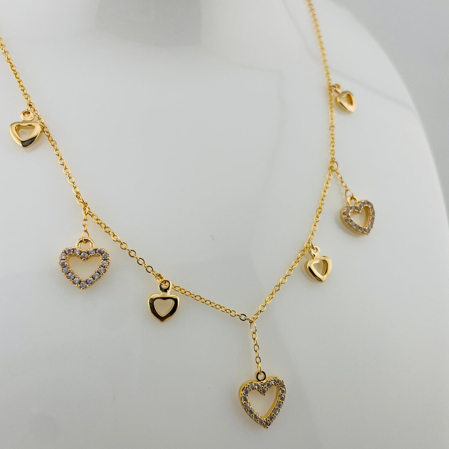 Heart Charm Necklace & Stud Earrings Set – Stone-Outlined Hearts | Imitation Gold
