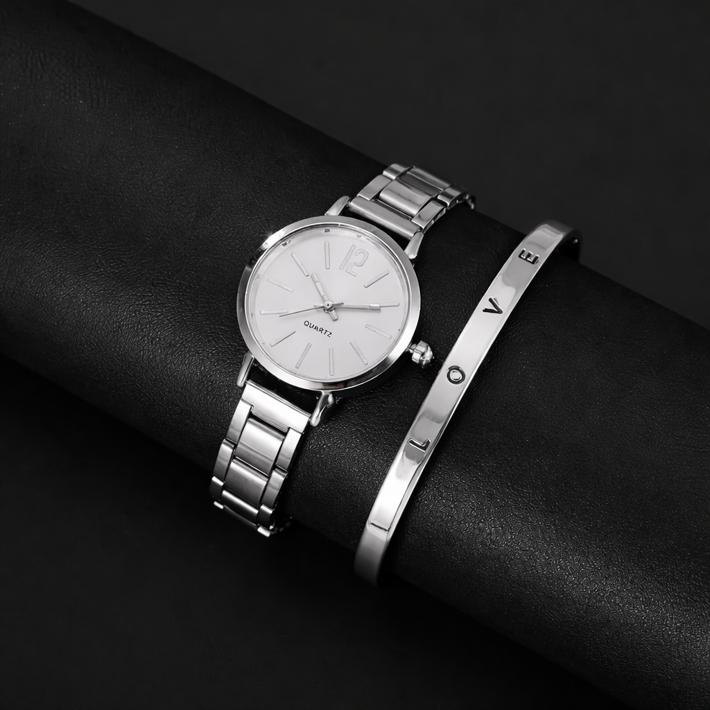 2PCS Watch & Love Bangle Set – Elegant Quartz Wrist Watch with Matching Bracelet | Fashion Jewelry Set