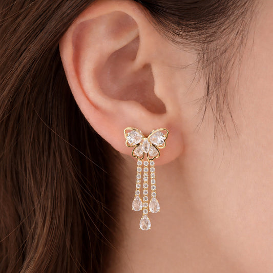 BUTTERFLY EARRINGS - DANGLING STONES, FASHION JEWELRY IMITATION GOLD- ONE PEAR