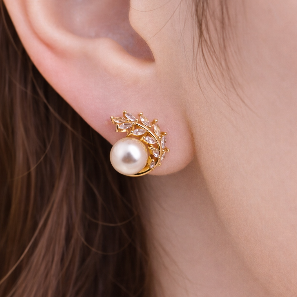 PEARL LEAF EARRINGS WITH STONE, FASHION JEWELRY IMITATION GOLD- ONE PAIR