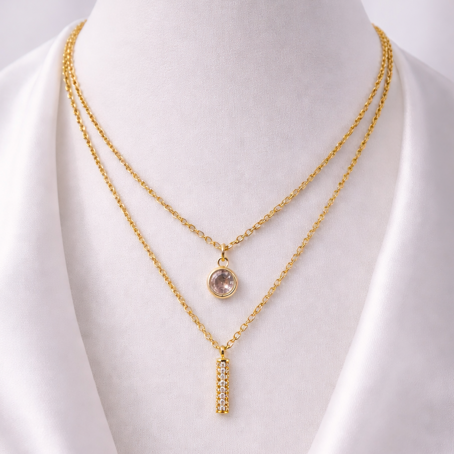 NECKLACE DUAL LAYERD PENDANT DANGLING BAR-STONE, ADJUSTABLE CHAIN, FASHION JEWELRY IMITATION GOLD