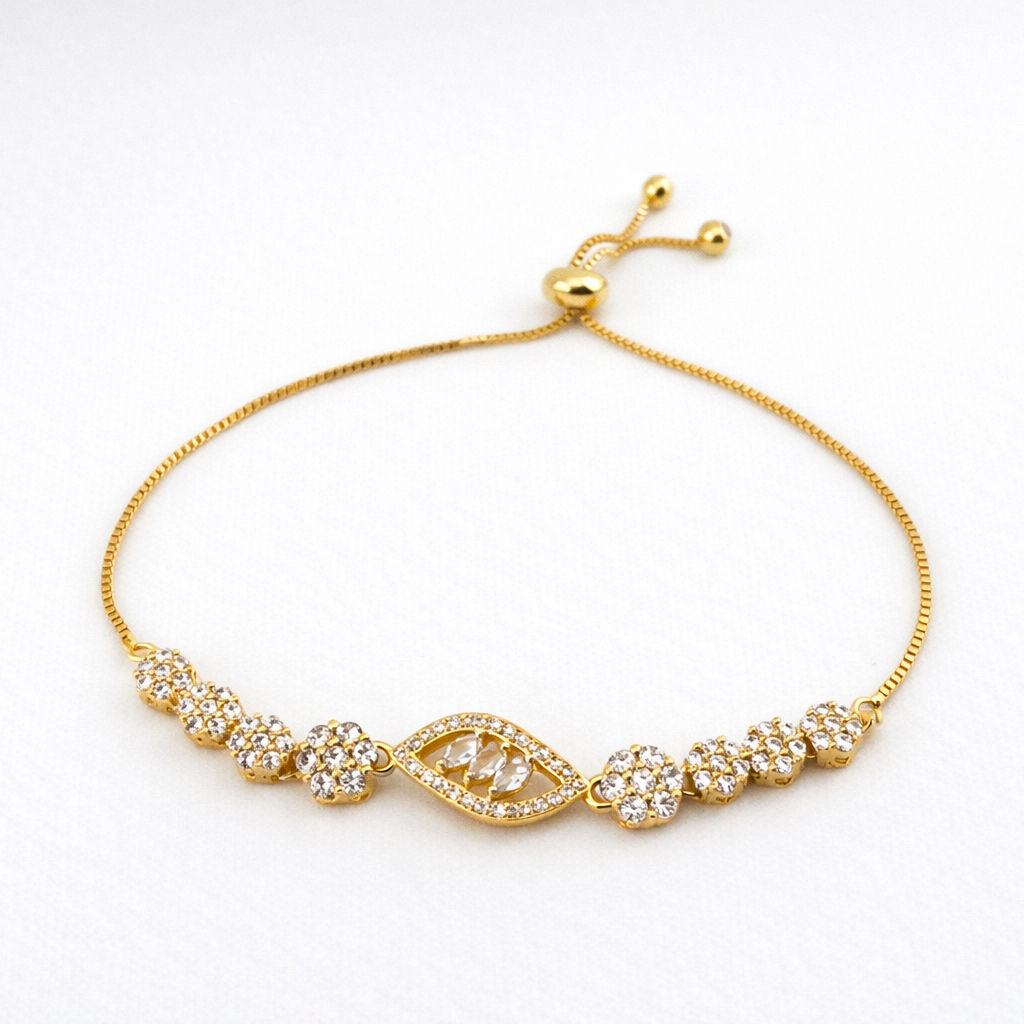 Floral Eye Charm Bracelet – Crystal Flower Motifs | Adjustable | Imitation Gold Fashion Jewelry