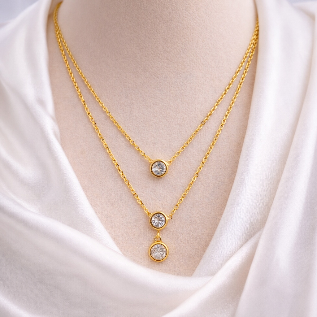 DUAL LAYERED NECKLACE 3 STONE PENDANT ,ADJUSTABLE CHAIN, FASHION JEWELRY IMITATION GOLD