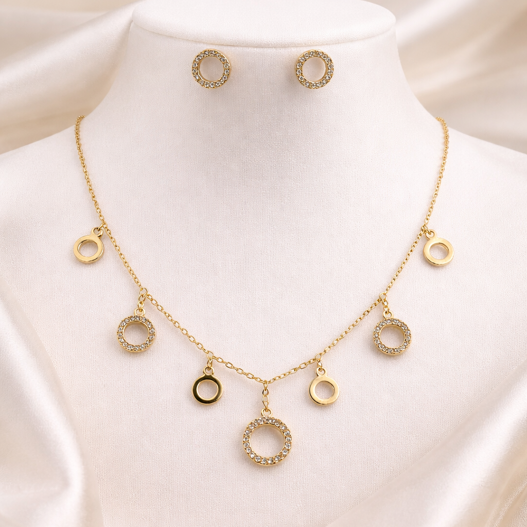 Circle Charm Necklace & Stud Earrings Set – Stone-Outlined Rings | Imitation Gold