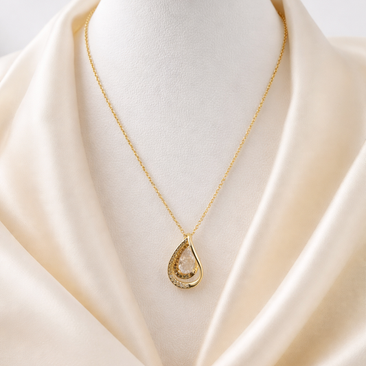 Teardrop Crystal Pendant Necklace – Stone-Outlined Drop | Imitation Gold Fashion Jewelry
