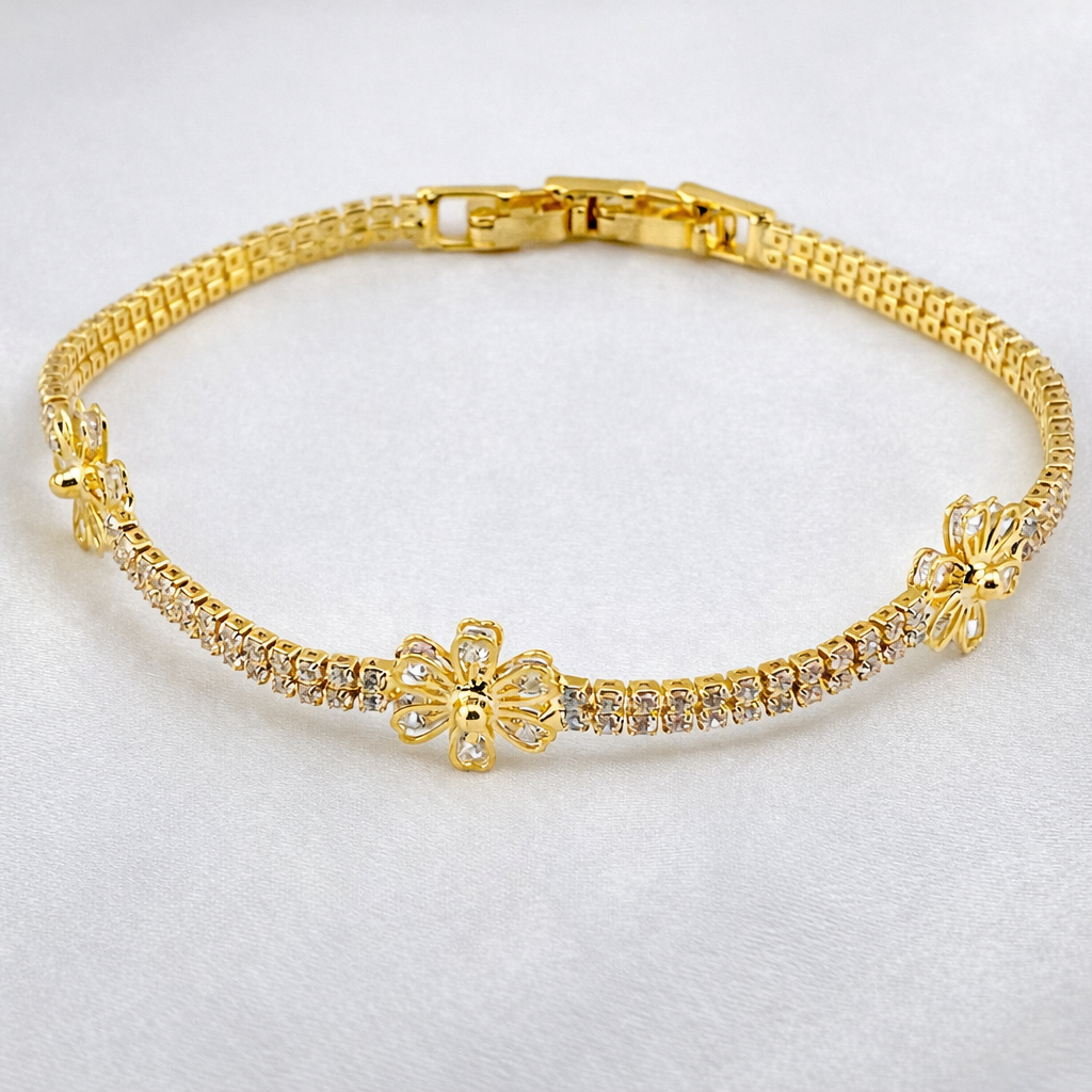 Floral Crystal Tennis Bracelet – Stone-Studded Flower Motifs | Imitation Gold Fashion Jewelry