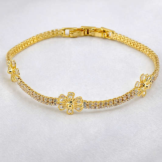 Floral Crystal Tennis Bracelet – Stone-Studded Flower Motifs | Imitation Gold Fashion Jewelry