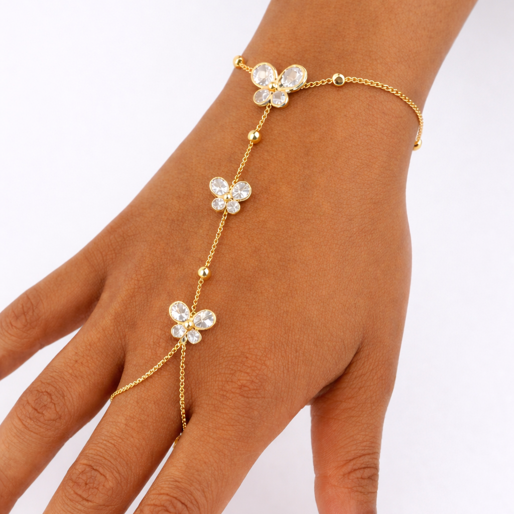Floral Hand Harness Chain Bracelet – Crystal Flower Motifs | Adjustable | Hath Phool | Imitation Gold Fashion Jewelry
