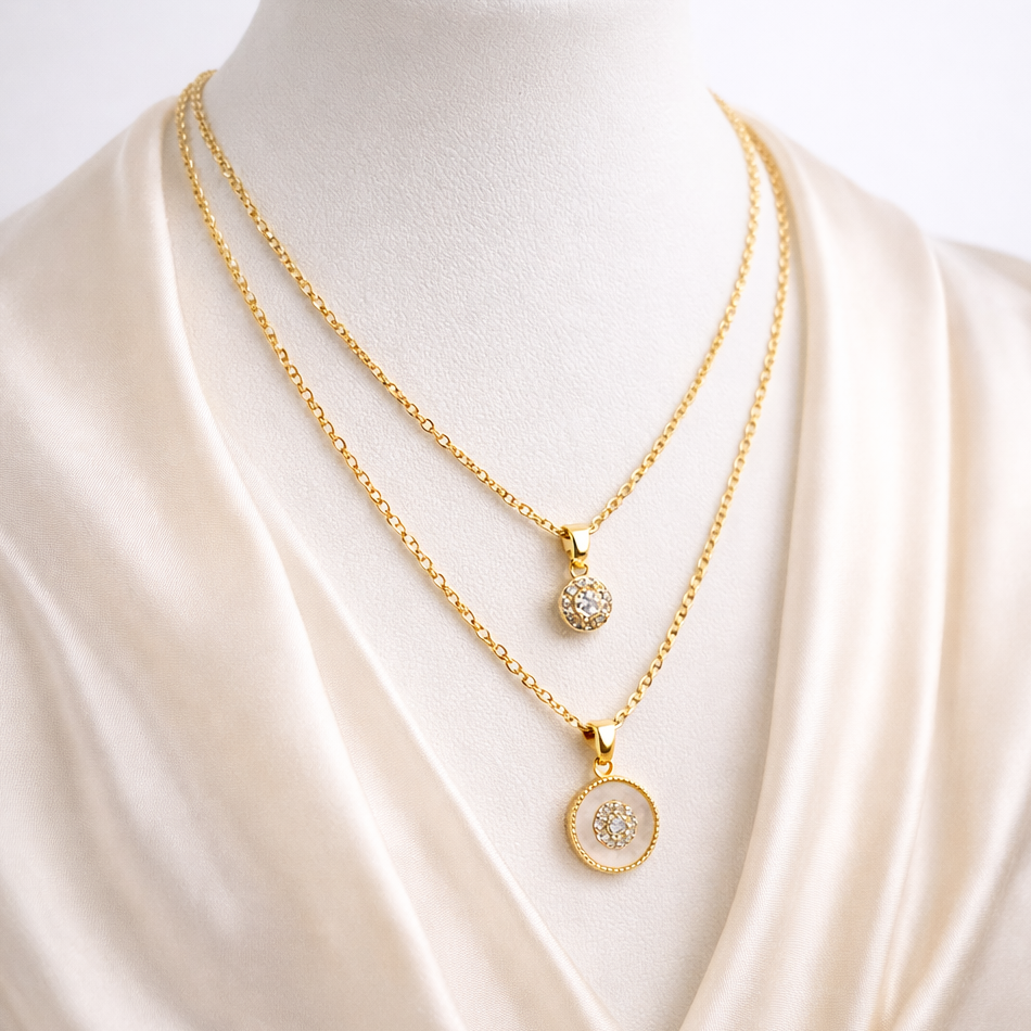DUAL LAYERED NECKLACE PENDANT CIRCLE-STONE, ADJUSTABLE CHAIN, FASHION JEWELRY IMITATION GOLD