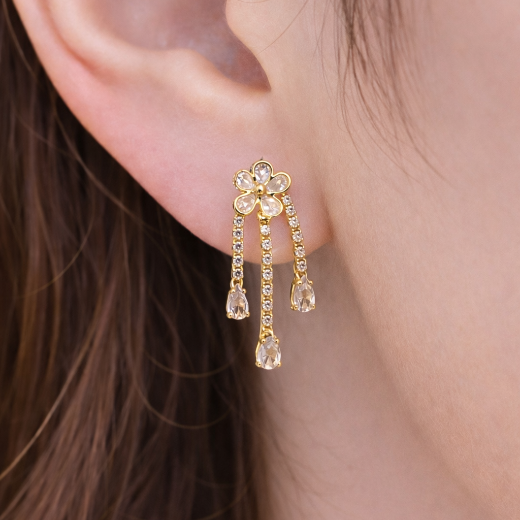 FLOWER EARRINGS - DANGLING STONES, FASHION JEWELRY IMITATION GOLD- ONE PEAR