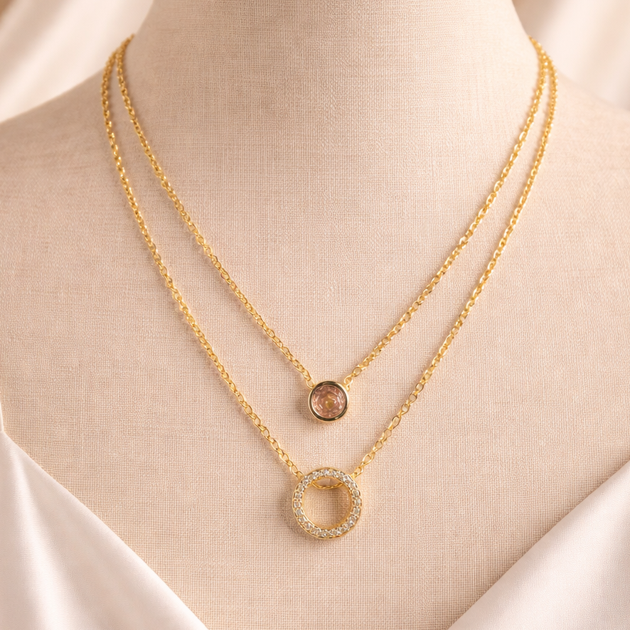 DUAL LAYERED NECKLACE DOUBLE RING PENDANT-STONE, ADJUSTABLE CHAIN, FASHION JEWELRY IMITATION GOLD