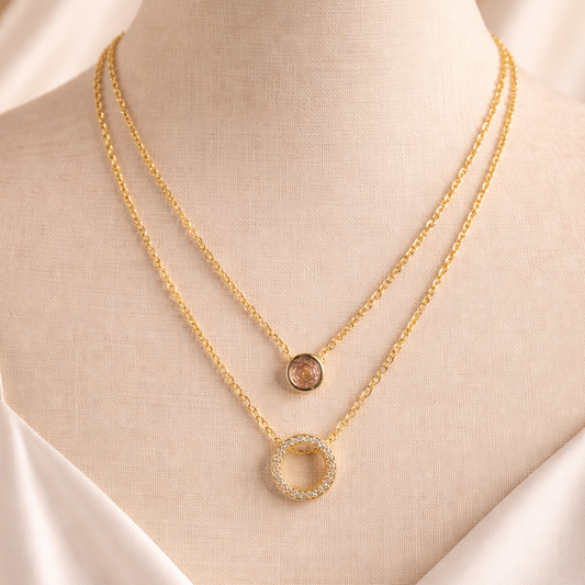 DUAL LAYERED NECKLACE DOUBLE RING PENDANT-STONE, ADJUSTABLE CHAIN, FASHION JEWELRY IMITATION GOLD