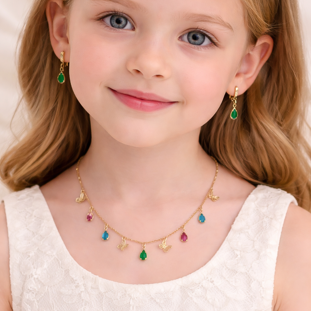 PRINCES NECKLACE AND EARING SET FOR KIDS, COLOR STONE DROPES DANGLING BUTTERFLIES WITH ADJUSTABLE CHAIN, FASHION JEWELRY IMITATION GOLD
