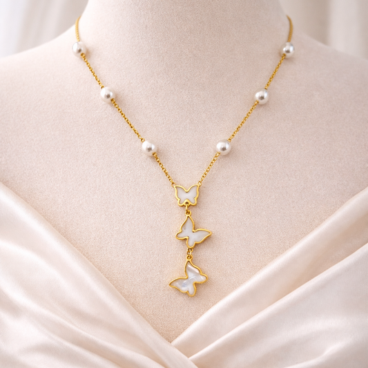 ANTI TARNISH STAINLESS STEEL NCKLCE, DANGLING BUTTERFLYS PENDANT PEARL BEARDS, FASHION JEWELRY IMITATION GOLD, ADJUSTABLE CHAIN