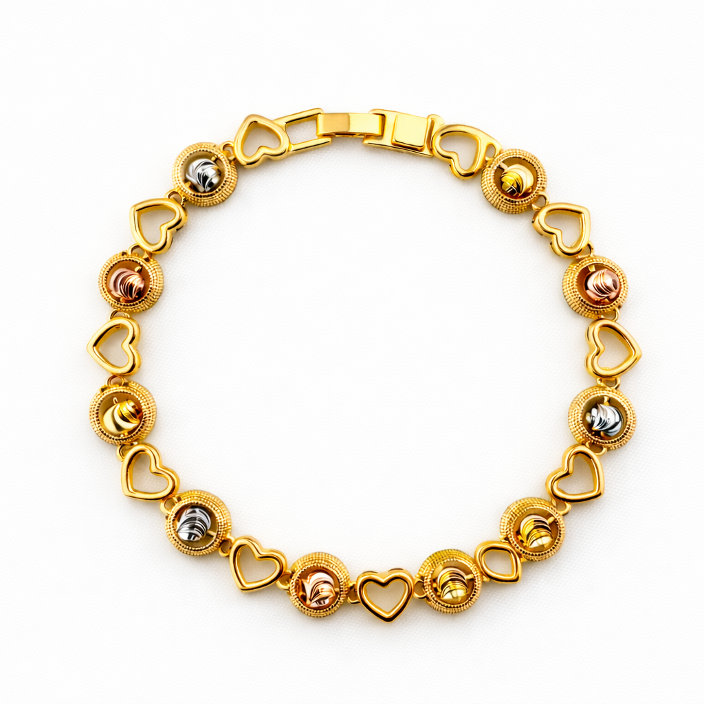 Heart Link Bracelet – Textured Round Motifs with Dual-Tone Accents | Imitation Gold Fashion Jewelry