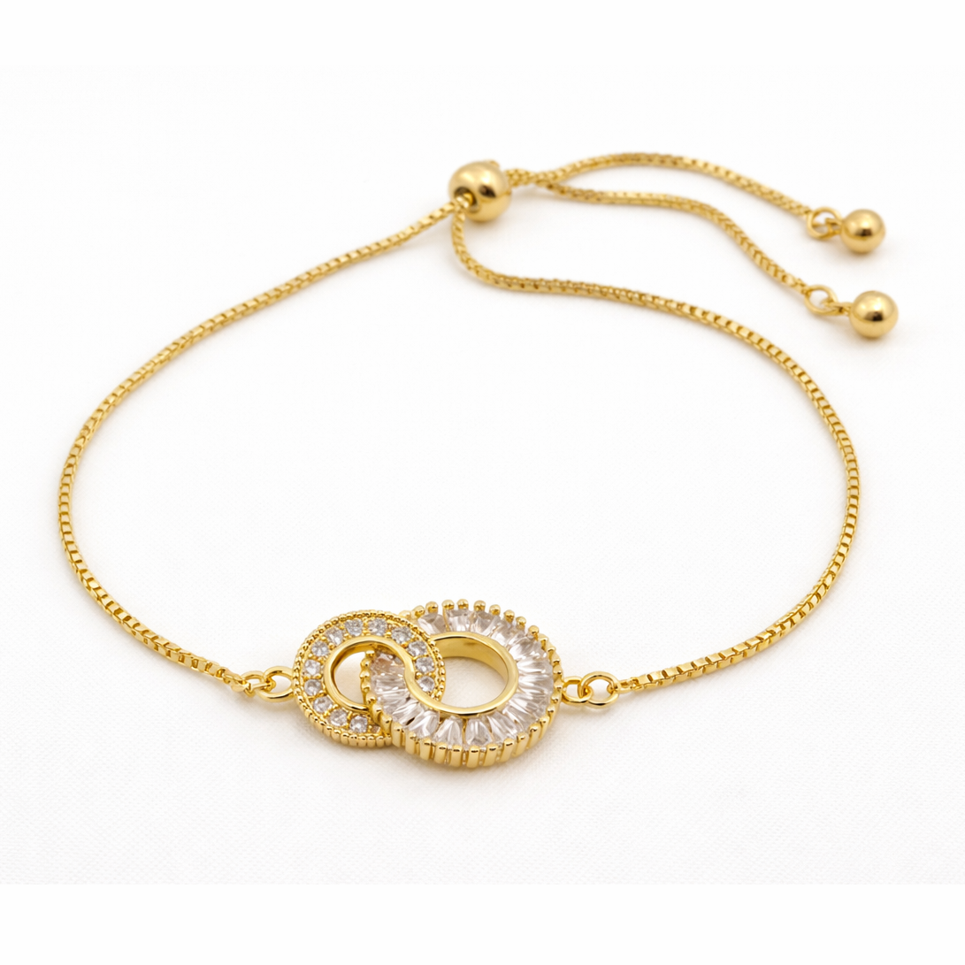 Interlocking Circle Stone Bracelet – Adjustable | Imitation Gold Fashion Jewelry