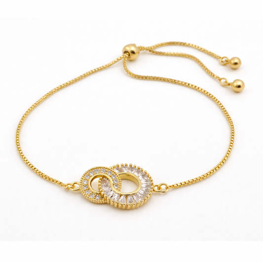 Interlocking Circle Stone Bracelet – Adjustable | Imitation Gold Fashion Jewelry