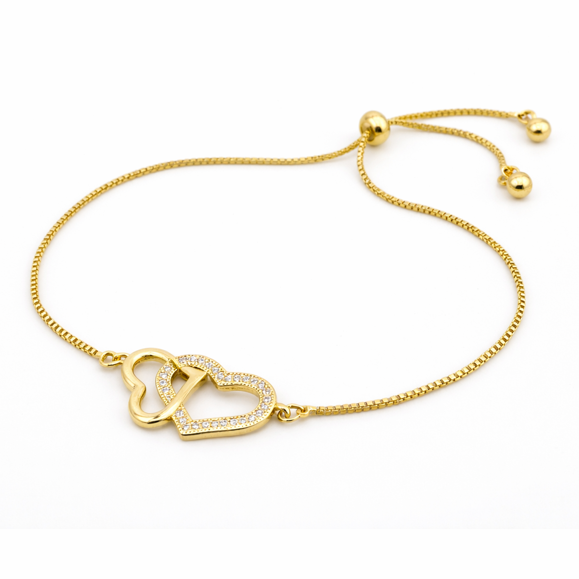 Double Heart Stone Bracelet – Adjustable| Imitation Gold Fashion Jewelry