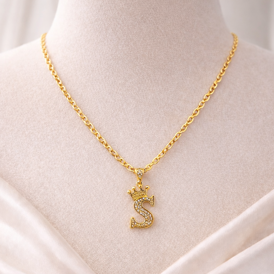 NECKLACE WITH ALPHABET PENDANT, CROWN DESIGN -STONE,ADJUSTABLE CHAIN, FASHION JEWELRY IMITATION GOLD