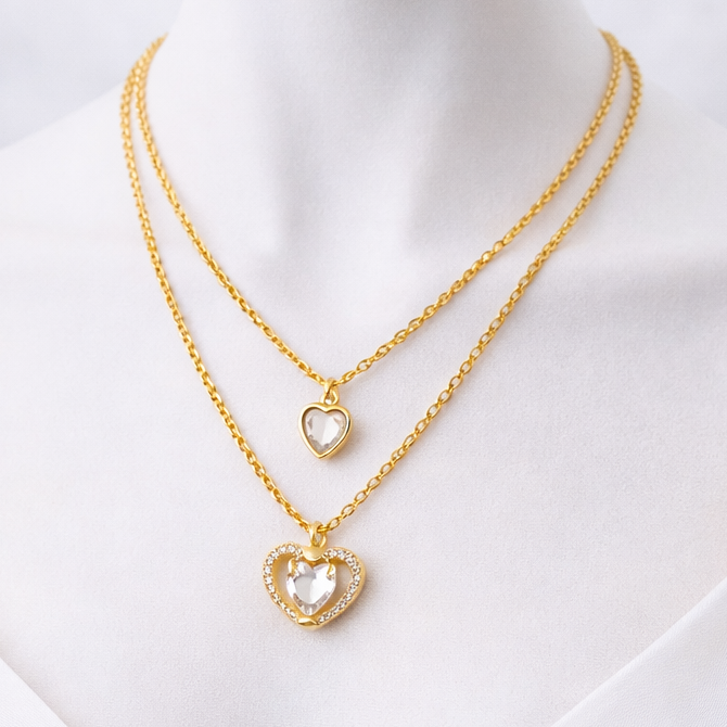 DUAL LAYERED NECKLACE DOUBLE HEART STONE PENDANTS, ADJUSTABLE CHAIN, FASHION JEWELRY IMITATION GOLD