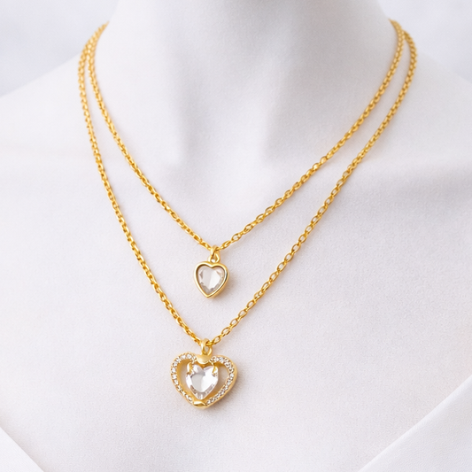 DUAL LAYERED NECKLACE DOUBLE HEART STONE PENDANTS, ADJUSTABLE CHAIN, FASHION JEWELRY IMITATION GOLD