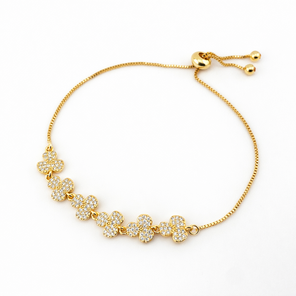 Floral Cluster Charm Adjustable Bracelet – Crystal Flower Motifs | Imitation Gold
