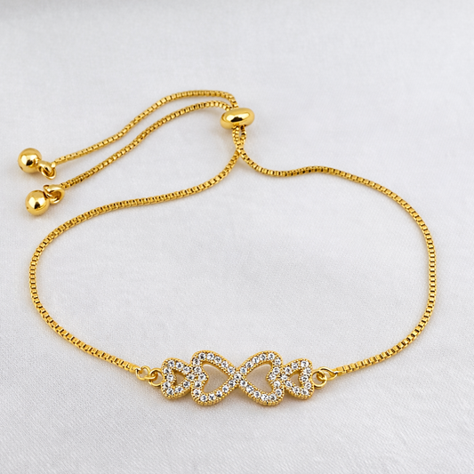 Infinity Heart Bracelet – Stone-Outlined Hearts | Adjustable Imitation Gold Bracelet