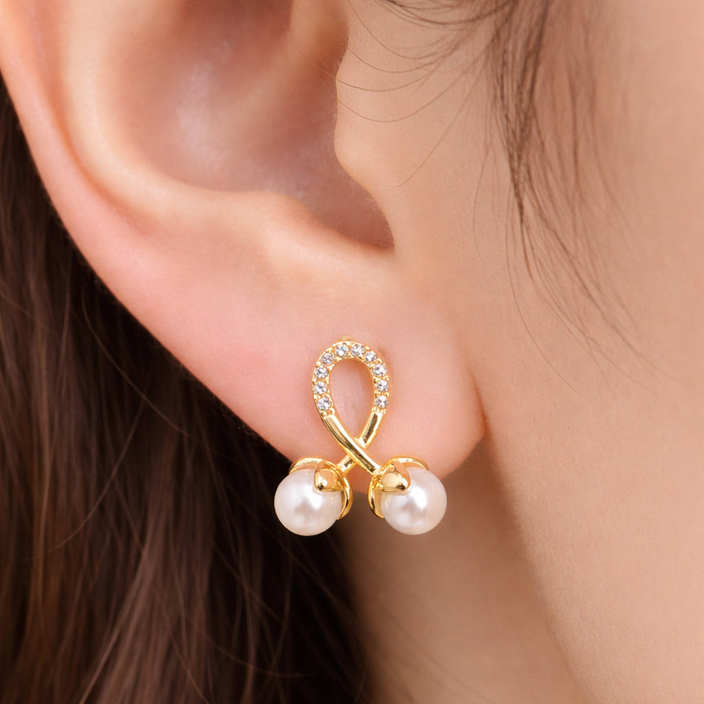 CUTE DOUBLE PEARL DROPS EARRINGS WITH STONE, FASHION JEWELRY IMITATION GOLD- ONE PAIR