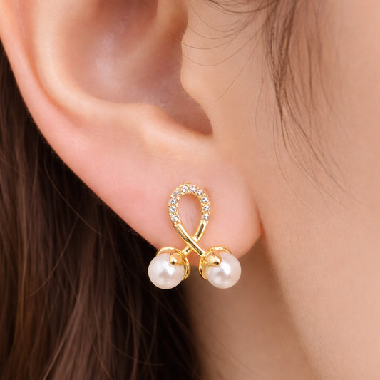 CUTE DOUBLE PEARL DROPS EARRINGS WITH STONE, FASHION JEWELRY IMITATION GOLD- ONE PAIR