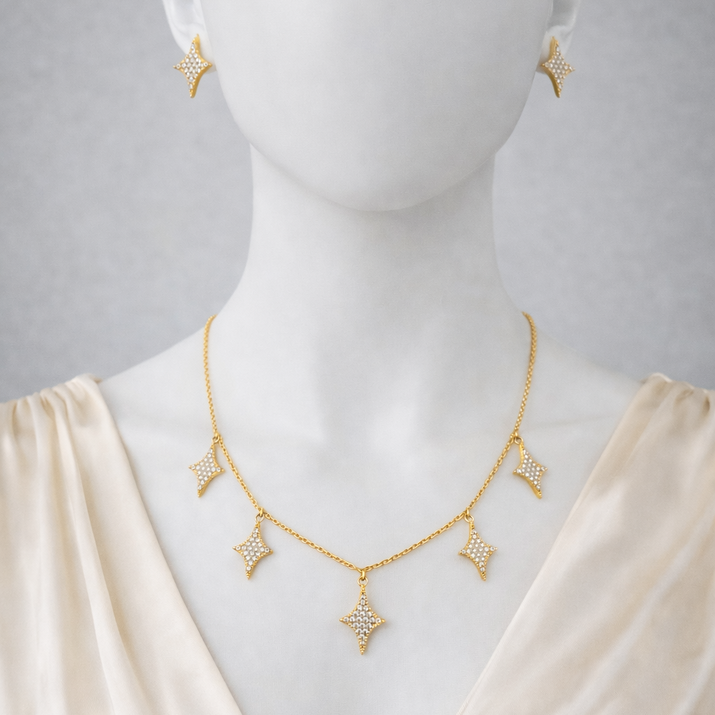 NECKLACE AND EARING SET, DANGLING STARS PENDANTS, ADJUSTABLE CHAIN, FASHION JEWELRY IMITATION GOLD