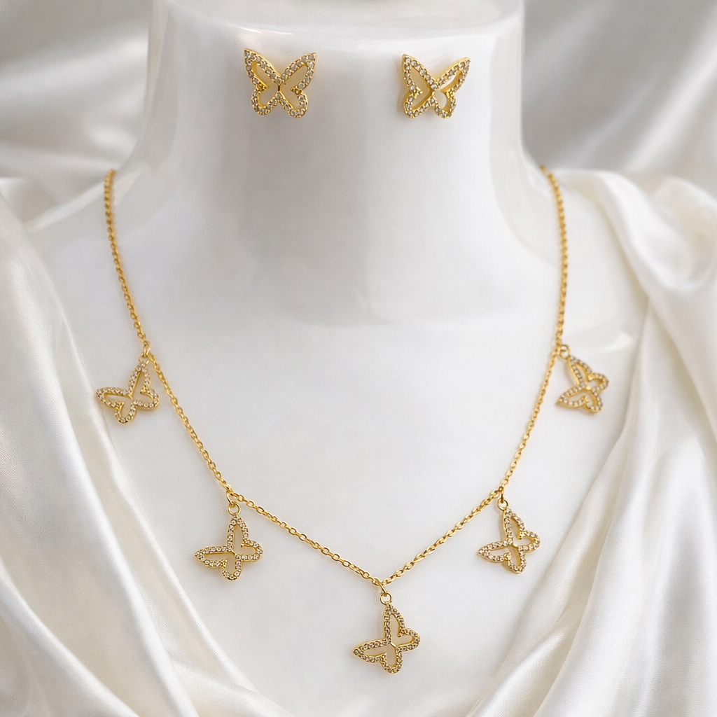 Butterfly Charm Necklace & Stud Earrings Set – Stone-Outlined Pendants | Imitation Gold