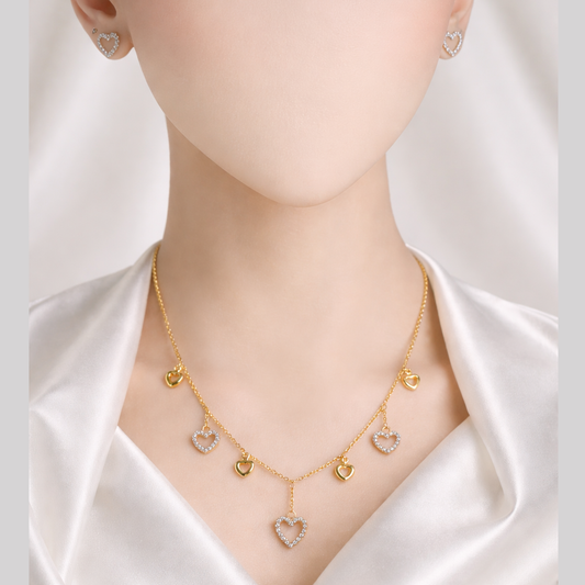 Heart Charm Necklace & Stud Earrings Set – Stone-Outlined Hearts | Imitation Gold