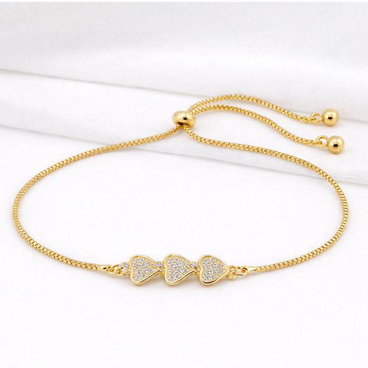 Triple Heart Charm Bracelet – Stone-Filled Hearts | Adjustable | Imitation Gold  Fashion Jewelry