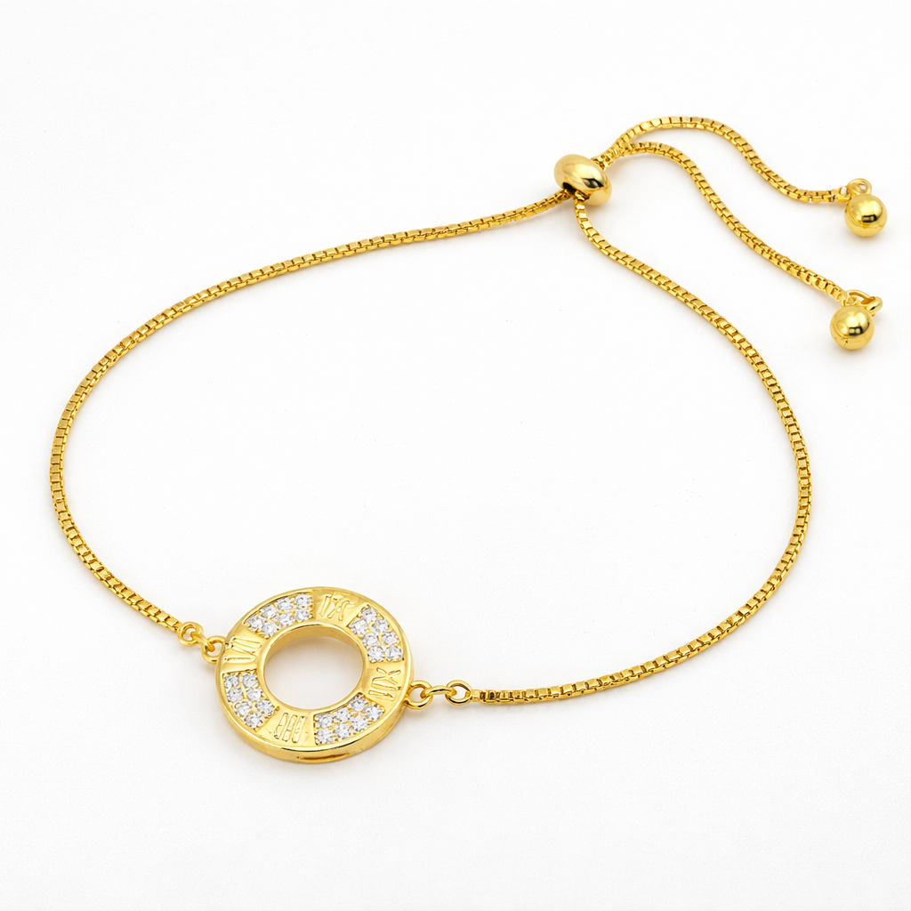 Roman Numeral Circle Stone Bracelet – Adjustable | Imitation Gold Fashion Jewelry