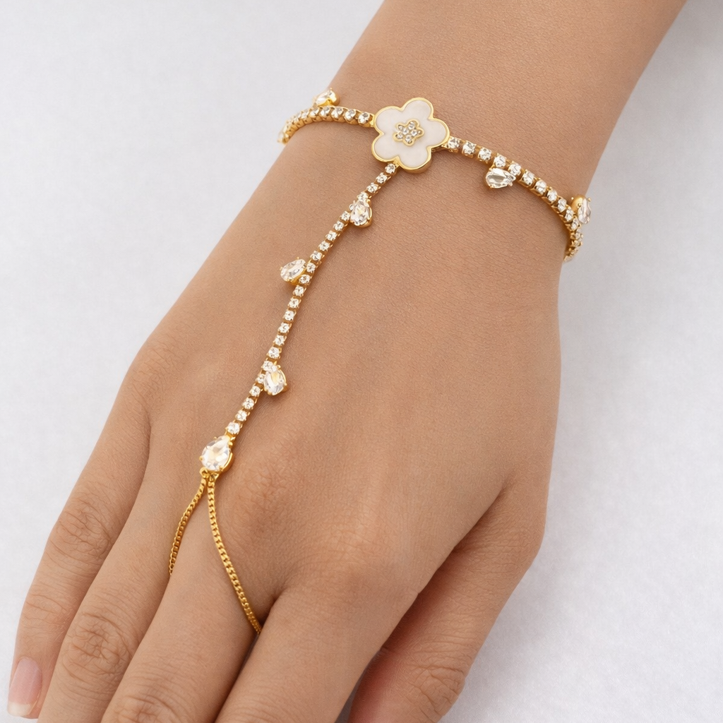 Floral Hand Harness Bracelet with Stone Chain – Adjustable | Hathphool | Imitation Gold Fashion Jewelry
