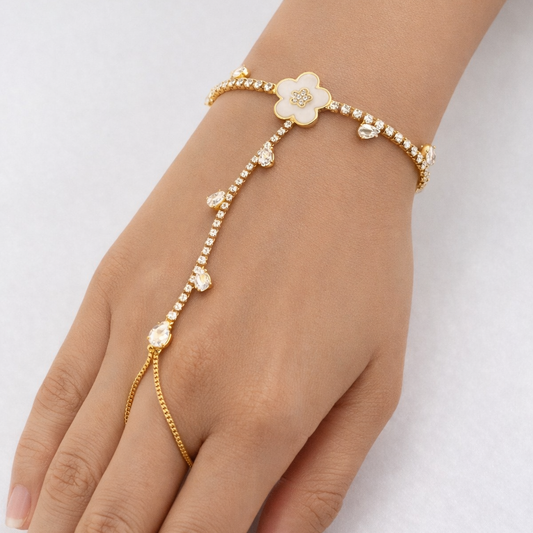 Floral Hand Harness Bracelet with Stone Chain – Adjustable | Hathphool | Imitation Gold Fashion Jewelry