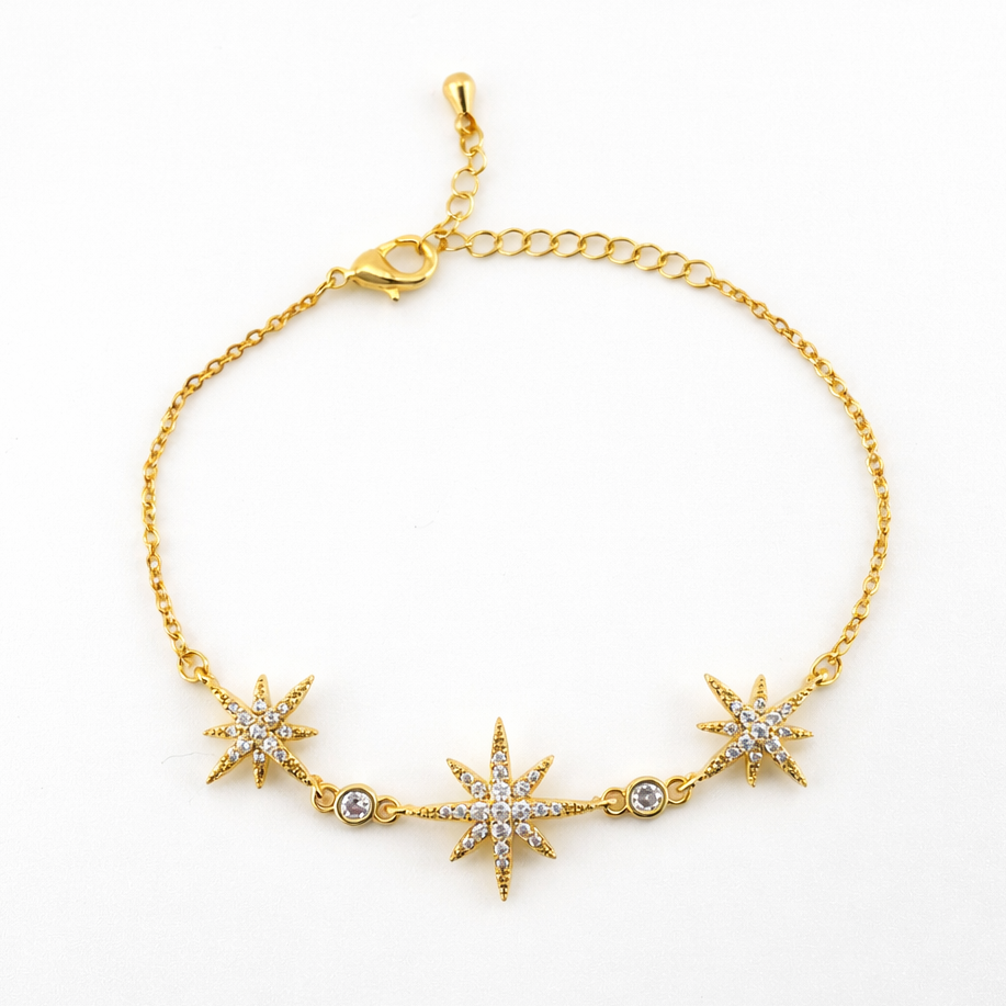 Starburst Charm Bracelet – Crystal North Star Motifs | Imitation Gold Adjustable Bracelet