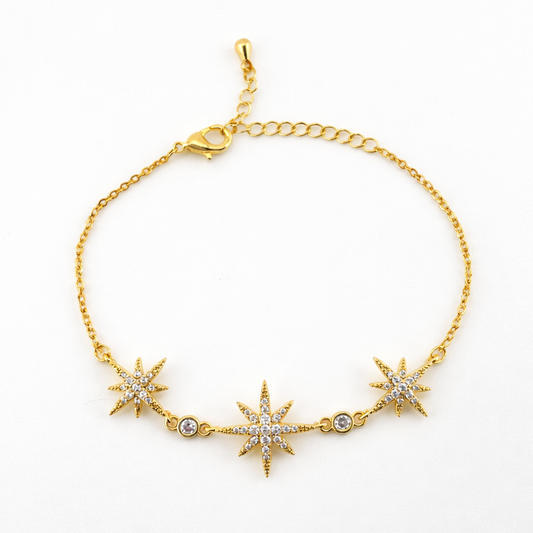 Starburst Charm Bracelet – Crystal North Star Motifs | Imitation Gold Adjustable Bracelet
