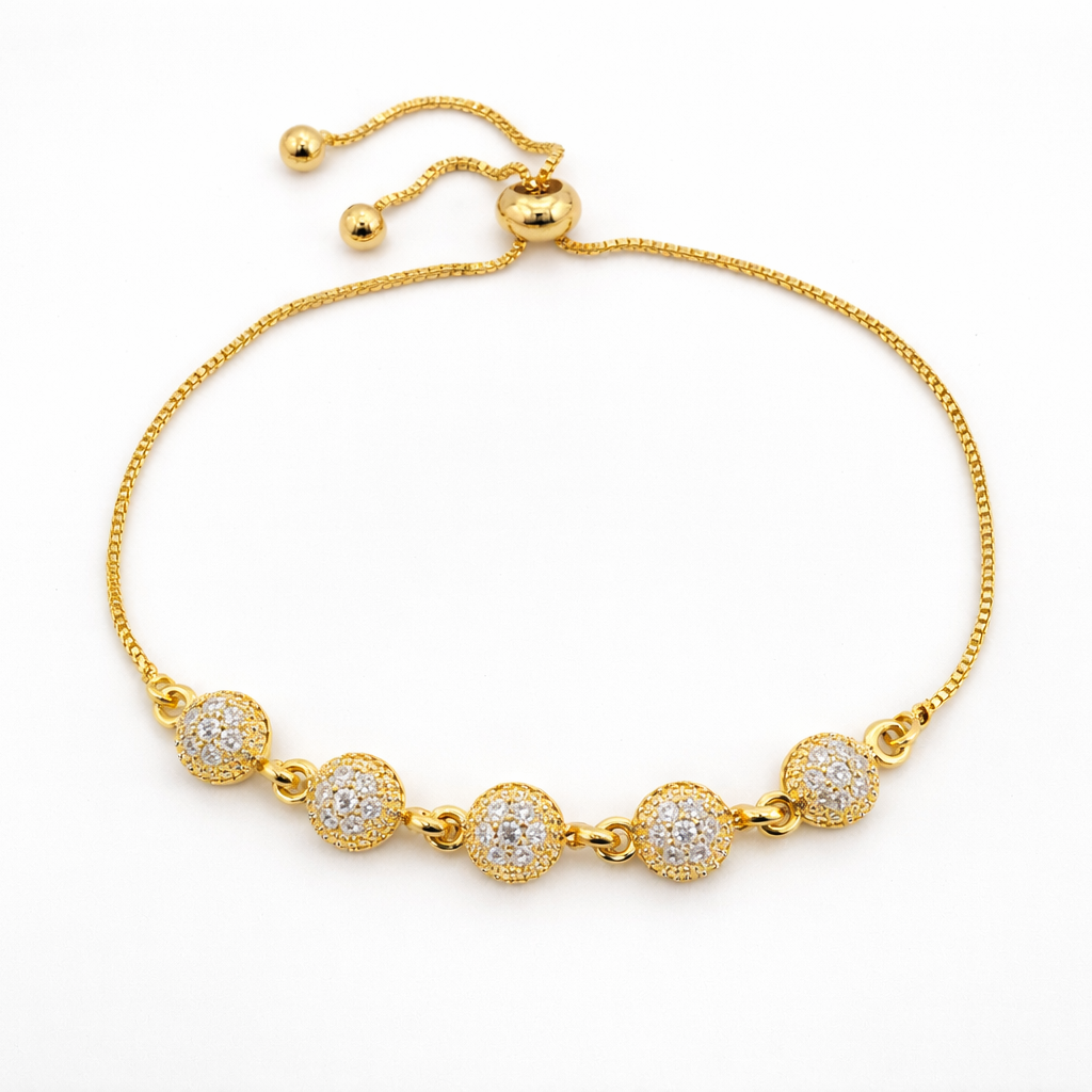 Round Stone Link Bracelet – Adjustable Chain | Imitation Gold Fashion Jewelry