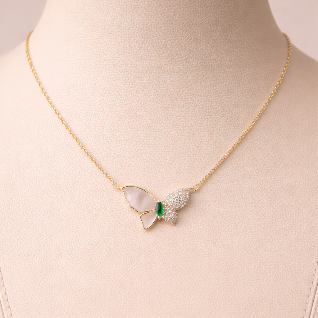 BUTTERFLY NECKLACE PEARL PENDANT WITH -GREEN STONE, ADJUSTABLE CHAIN, FASHION JEWELRY IMITATION GOLD