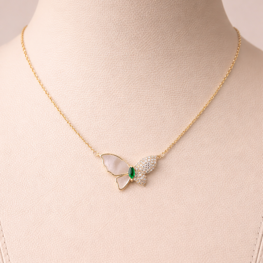 BUTTERFLY NECKLACE PEARL PENDANT WITH -GREEN STONE, ADJUSTABLE CHAIN, FASHION JEWELRY IMITATION GOLD